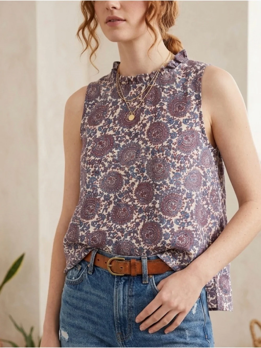 J.Crew 100% Linen Paisley Ruffle High Neck Sleeveless Blouse, Size L